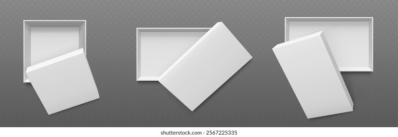 Mockups de caixa de cartão branco vazio conjunto isolado no fundo transparente. Vetor ilustração realista de pacote de papelão em branco para sapatos, presente de férias, símbolo de desconto de compras, vista superior de pacote aberto