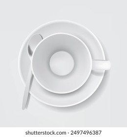 Empty white ceramic cup with saucer and chrome spoon, for coffee, tea or cappuccino. Mug for drinks, top view.