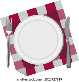 
Leere weiße Keramikplatte mit Gabel und Messer auf roter Serviette. Einzeln. Cartoon-Vektorgrafik