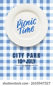 Empty white ceramic plate on blue checkered tablecloth or plaid. Picnic banner, poster background. Cooking, flatware, serving dishes design elements. Vector 3d realistic top view illustration