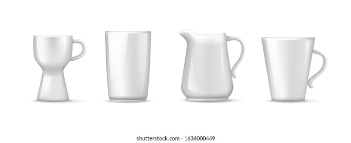Empty white ceramic, porcelain tableware set. Realistic beverage ceramic crockery tea coffee cups, ceramic glass for tea, cream cup, glass for alcoholic drinks. Kitchen utensils, kitchenware vector