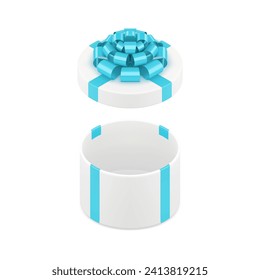 Empty white circle gift box with open cap and blue bow ribbon holiday present 3d icon realistic vector illustration. Festive expensive round package for surprise storage birthday anniversary celebrate