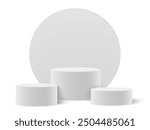 Empty white circle podium, pedestal and platform, stand stage, column platform pillar, round empty stages and podium stairs 3d template for product presentation