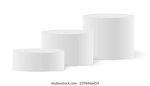 Empty white circle podium, pedestal and platform, stand stage, cylinder, column platform pillar, round empty stages and podium stairs 3d template for product presentation, awards - vector