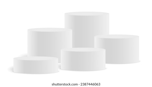 Empty white circle podium, pedestal and platform, stand stage, cylinder, column platform pillar, round empty stages and podium stairs 3d template for product presentation, awards - for stock