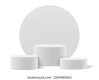 Empty white circle podium, pedestal and platform, stand stage, column platform pillar, round empty stages and podium stairs 3d template for product presentation