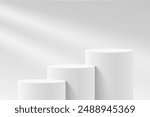 Empty white circle podium and window light blur on white wall, pedestal and platform, stand stage, column platform pillar, round empty stages and podium stairs 3d template for product presentation