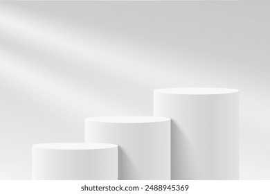 Empty white circle podium and window light blur on white wall, pedestal and platform, stand stage, column platform pillar, round empty stages and podium stairs 3d template for product presentation