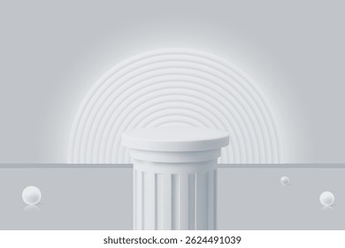 Esvaziar pódio círculo branco e desfoque de luz da janela na parede branca, pedestal e plataforma, palco de suporte, pilar de plataforma de coluna, estágios vazios redondos e escada de pódio 3d modelo para apresentação do produto