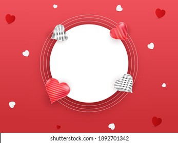 Empty White Circular Frame Decorated With Hearts On Red Background.