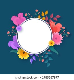 Empty White Circular Frame Decorated With Floral On Blue Background.