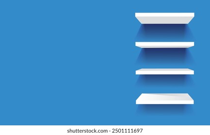 Empty white color shelf. Blank display shelves with blue background. Shelf mockup.