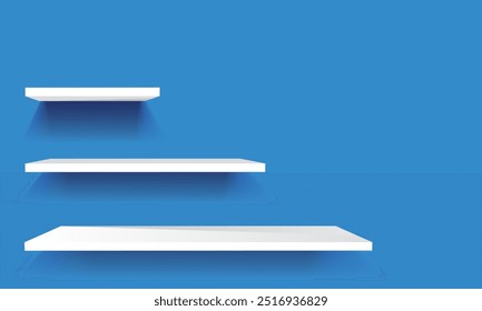 Empty white color shelf. Blank display shelves with blue background. Shelf mockup.