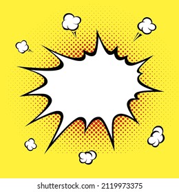 Empty white comic boom effect on yellow background. Explosion speech bubble burst. Pop art style. Vector illustration.