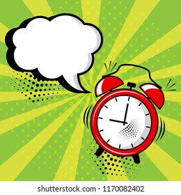 Empty white comic bubble and red alarm clock on green background in pop art style. Vector illustration