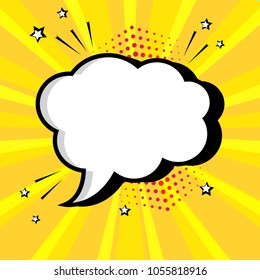 Empty white comic bubble for your text on yellow background. Comic sound effects in pop art style. Vector illustration