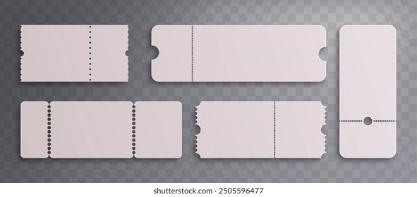 Empty white coupon and ticket mockup with breaking point. Realistic 3d vector illustration set of cinema or event entrance paper card, lottery raffle voucher and admission carton frame template.