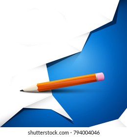 Empty White Crumpled Paper on Blue Background with Pencil. Vector Backdrop Design.