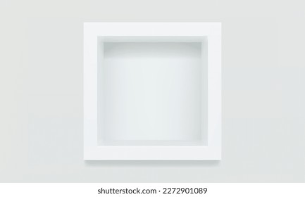 Estante de cubo blanco vacío o nicho en la parodia 3D de la pared. Compra, galería de plástico o vitrina de madera para presentar el producto. Espacio de almacenamiento comercial en blanco. Mobiliario de diseño interior. Librería de salón