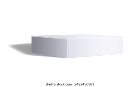 Empty white cube or square shaped podium isolated on white. Monochrome low studio platform with realistic light reflections and shadow in 3D style. Blank vector template for product presentation.