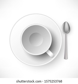 Empty white cup with spoon and saucer isolated on white background top view. Coffee mug realistic vector illustration, kitchen dishes, tableware element