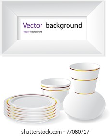 Empty white dishes with gold border. Vector format