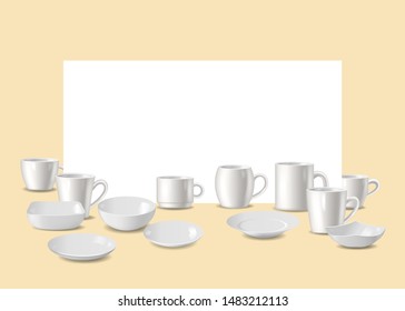 Empty white dishware, utensil for bar or restaurant vector illustration. Set of white plates, bowls, white dishware and cups isolated on beige background with white space for text.