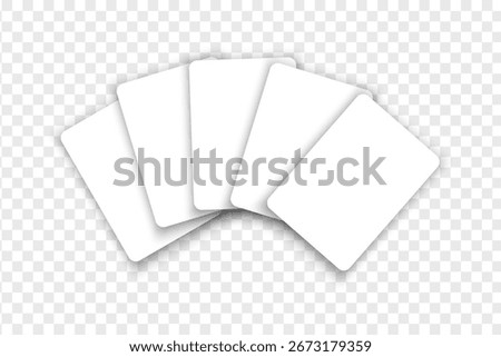 Empty white five poker card combination mockup isolated on transparent background. Blank playcards layout. Casino game concept. Vector realistic illustration.