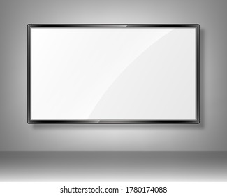 Empty white flat TV screen hanging on wall. Realistic TV screen mockup. Modern lcd panel. Led monitor display. Blank television template. Vector realistic illustration