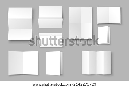 Empty white folding paper with copy space vector set. Realistic leaflet, brochure or booklet blank template. Advertising design element