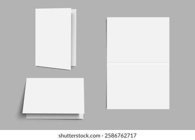 Empty white folding paper, half-fold blank brochure template. Vector realistic elements isolated on grey background