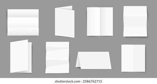 Empty white folding paper set, half-fold blank brochure template. Vector realistic elements isolated on grey background