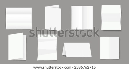 Empty white folding paper set, half-fold blank brochure template. Vector realistic elements isolated on grey background