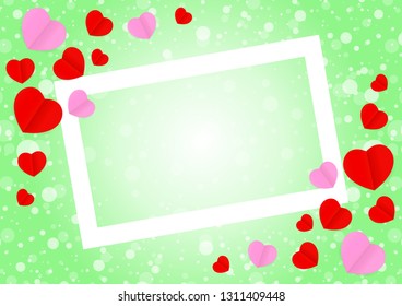 empty white frame and red pink heart shape for template banner valentines card background, many hearts shape on green gradient soft for valentine backgrounds, image green with heart-shape decoration