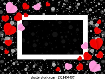 empty white frame and red pink heart shape for template banner valentines card black background, many hearts shape on black for valentine backgrounds, image black with heart-shape decoration backdrop