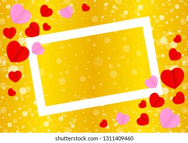 empty white frame and red pink heart shape for template banner valentines gold background, many hearts shape on gold gradient soft for valentine backgrounds, image golden with heart-shape decoration