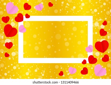 empty white frame and red pink heart shape for template banner valentines gold background, many hearts shape on gold gradient soft for valentine backgrounds, image golden with heart-shape decoration
