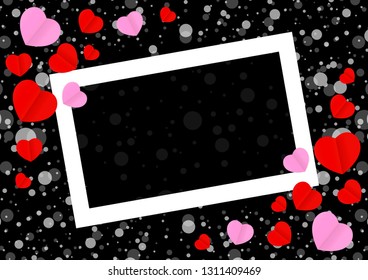 empty white frame and red pink heart shape for template banner valentines card black background, many hearts shape on black for valentine backgrounds, image black with heart-shape decoration backdrop
