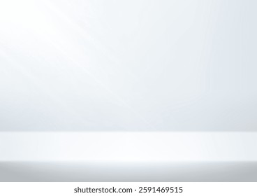 Empty white and gray studio background. Empty Room Studio with table. Space for selling products, backdrop, wallpaper, background, text. Gradient table. Vector illustration.