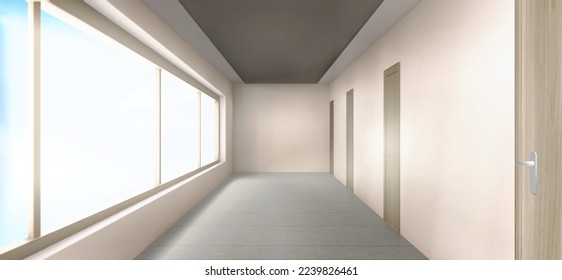 Empty white hall or room perspective with many wooden doors and large window. Realistic vector illustration of hospital, hotel, university or office building interior design. Modern architecture