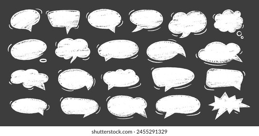 Empty white hand drawn grunge crayon, charcoal, chalk speech bubbles set in doodle style. Hand drawn crayon cloud message. Vector balloon speak sign dialog communication frame