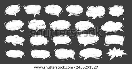 Empty white hand drawn grunge crayon, charcoal, chalk speech bubbles set in doodle style. Hand drawn crayon cloud message. Vector balloon speak sign dialog communication frame