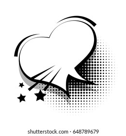Empty white heart comic book text balloon pop art. Bubble icon speech phrase. Cartoon funny label tag expression. Sound boom explosion effects. Advertising vector halftone dot illustration.