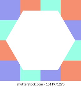 empty white hexagon on pastel color squares checkered block, template banner checker multi color rainbow, ad colorful block soft pastel bright, cubes square polygon mosaic and copy space advertising