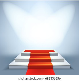 Empty white illuminated podium  with Red carpet on stairs
