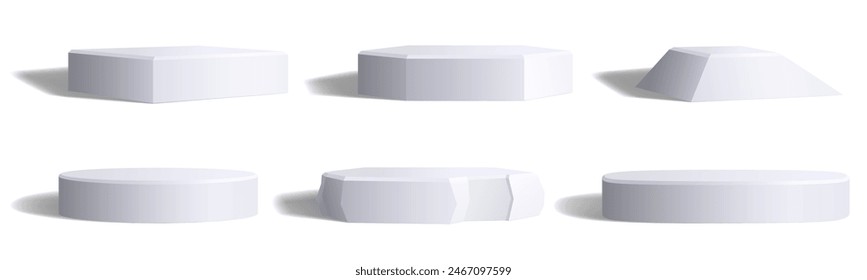 Empty white low studio 3D podium set isolated on white. Blank vector template for product presentation. Realistic monochrome round, square or cube, ellipse, hexagon and stone rock pedestal with shadow