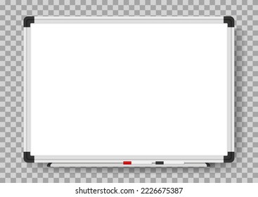 Empty white marker board on transparent background. Realistic office Whiteboard. Vector illustration