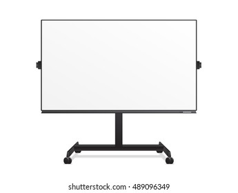 Empty white marker Presentation board on the floor stand with wheels. Empty Projection screen