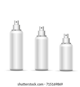 Empty white metal spray bottle with cap set. Vector template