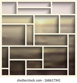 Empty white  modern shelves on the blurred photo wallpaper. Vector illustration